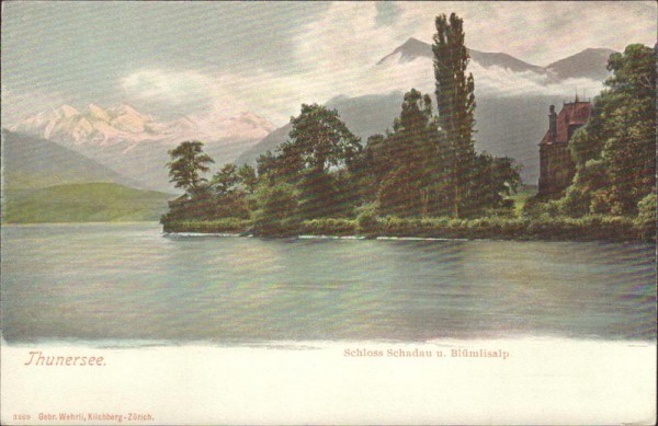 Thunersee. Schloss Schadau und Blümlisalp (3661 m) Vorderseite
