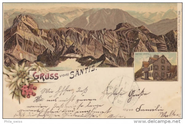 Säntis, Gruss vom - farbige Litho - Gasthof Säntis