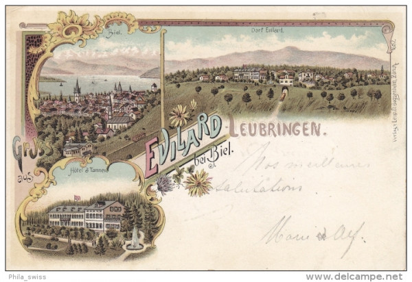Evilard-Leubringen bei Biel - farbige Litho - Biel, Hotel Tannen, Dorf Evilard