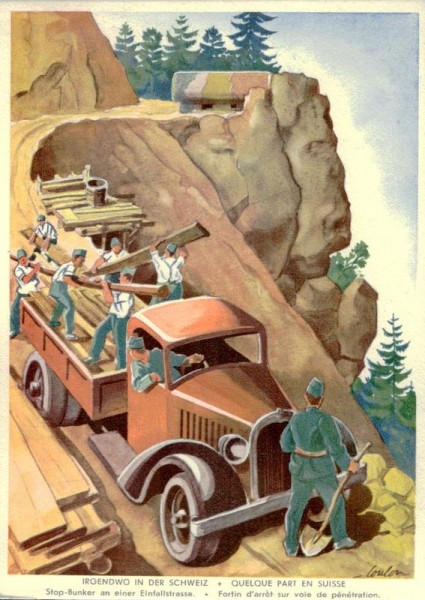 Unsere Soldaten an der Arbeit; Grenzbesetzung 1939/40: Stop-Bunker an einer Einfallstrasse Vorderseite