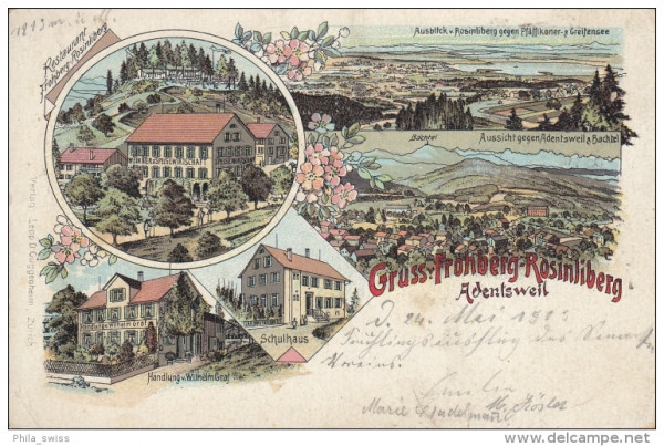 Adentsweil - Gruss vom Frohberg-Rosinliberg ZH - farbige Litho - Schulhaus, Rest., Handlung W. Graf,