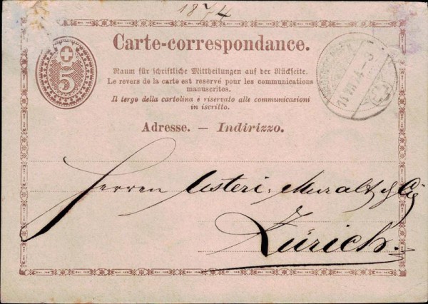 Korrespondenzkarte der Firma S. Zinggeler, Wädenswil, 1874 Vorderseite