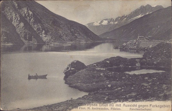 Oberalpsee mit Aussicht gegen Furkagebiet. Forellenfischerei. 1915