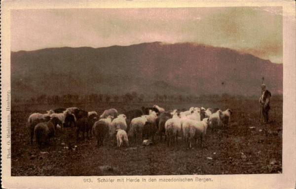 Schäfer mit Herde in den mazedonischen Bergen Vorderseite