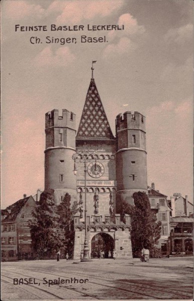 Basel, Spalentor, Werbekarte von Ch. Singer, Basel, Basler Leckerli Vorderseite