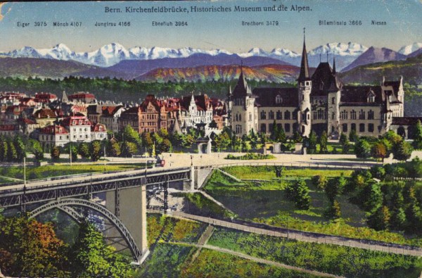 Bern, Kirchenfeldbrücke, historisches Museum und die Alpen
