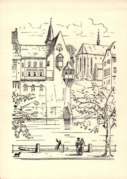 Seidenhof und Predigerkirche. Zeichnung von Niklaus Stoecklin. Vorderseite