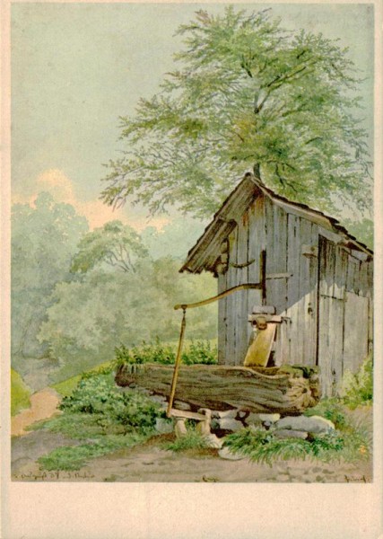 Gottfried Keller:Bretterhütte mit Ziehbrunnen Vorderseite