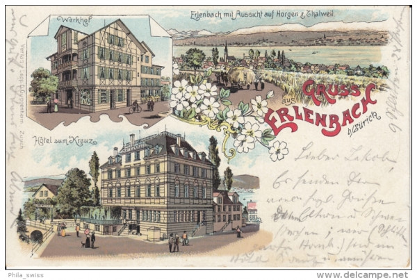 Erlenbach, Gruss aus - farbige Litho - Werkhof, Hotel zum Kreuz, Aussicht