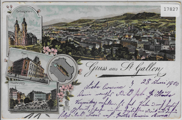 Gruss aus St. Gallen - Litho 1900 - Cathedrale, Post, Theaterplatz