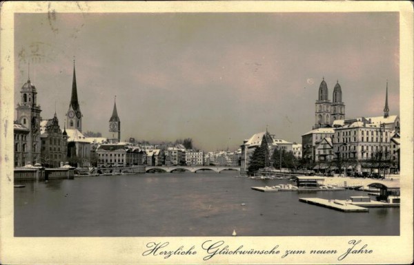 Zürich im Winter. Blick von der Quaibrücke Vorderseite