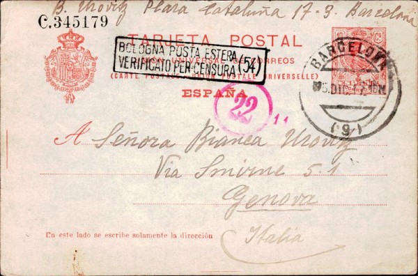 Postkarte von Barcelona nach Genua, 1917 Vorderseite