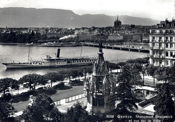 Genève. Monument Brunswick et vue sur la Villa. Mit Motorschiff Helvétie Vorderseite
