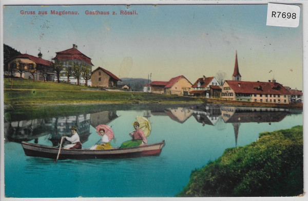 Gruss aus Magdenau - Gasthaus z. Rössli Damen im Boot - Mode - Litho