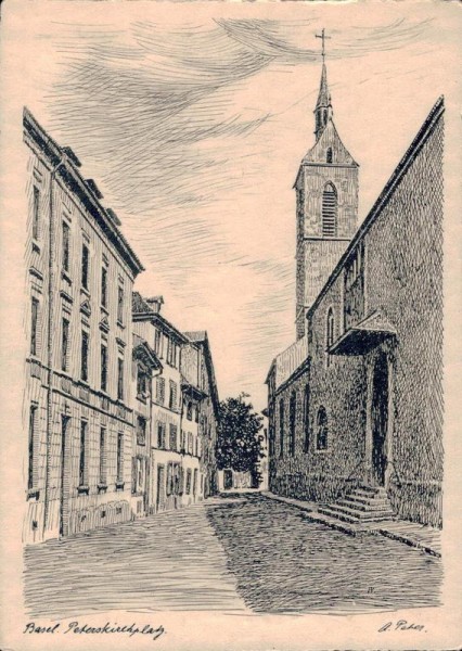 Peterskirchplatz, rechts die Peterskirche, die Grabstätte Sevogels. Hebeldenkmal Vorderseite