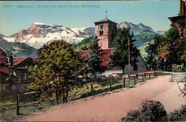 Adelboden. Kirche und Blick auf den Wildstrubel Vorderseite