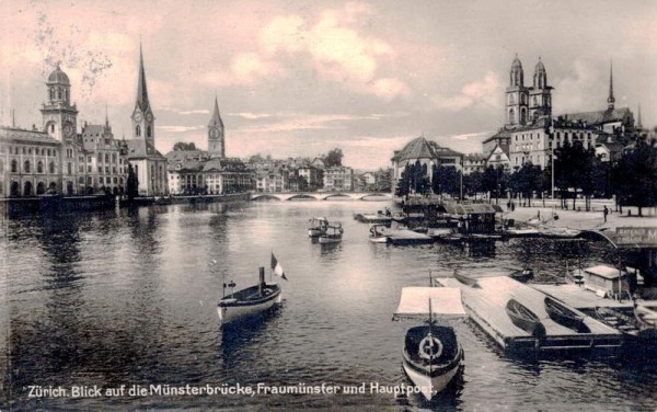 Zürich. Blick auf die Münsterbrücke, Fraumünster und Hauptpost. 1924 Vorderseite