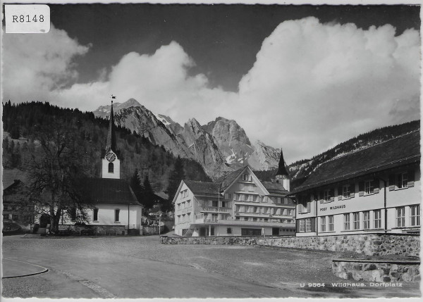 Wildhaus - Dorfplatz mit Post, Kirche u. Hotel Sonne