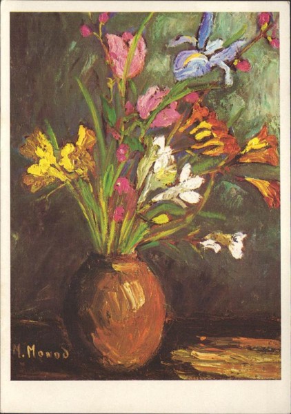 Mireille Monod, Vase mit blauen und gelben Iris Vorderseite
