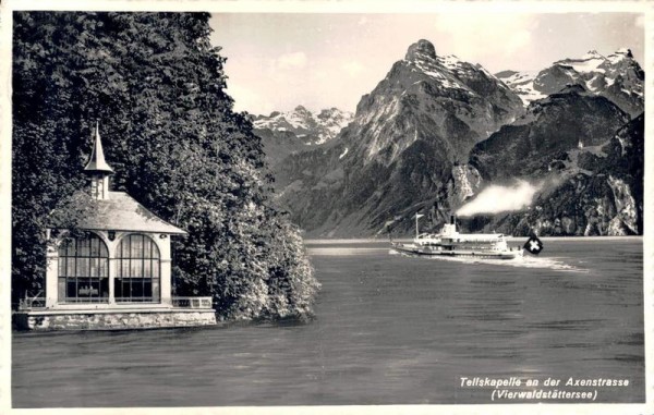 Tellskapelle an der Axenstrasse, Vierwaldstättersee mit Dampfschiff Vorderseite