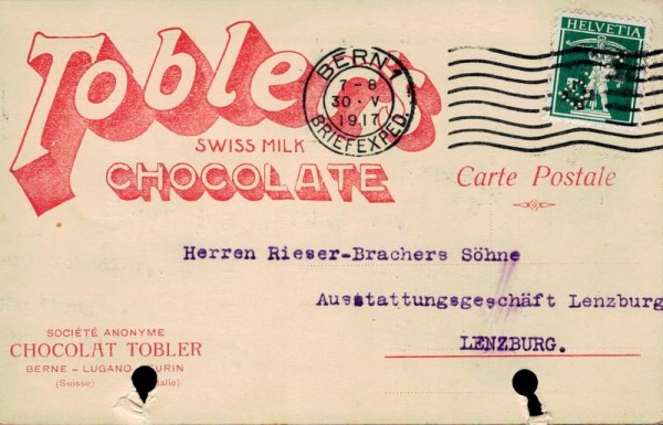 Chocolat Tobler Aktiengesellschaft Carte Postale, Fakturen - Mandat, 1917 Vorderseite