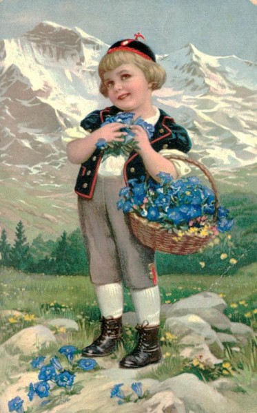 Mädchen mit Tracht und Blumenkorb Vorderseite