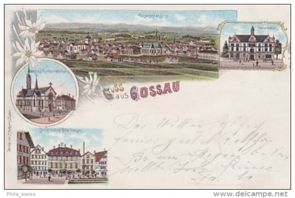 Gossau, Gruss aus - Litho - Gesamtansicht, Gemeindehaus, Kirche u. Schulhaus, Hauptplatz u. Hotel Oc