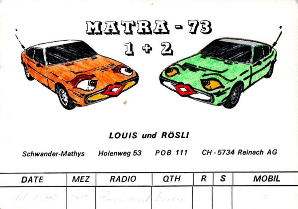 QSL- Karte, Matra 73-1+2, Reinach Vorderseite
