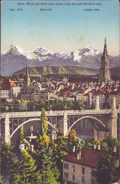 Bern, blick auf Stadt und Alpen vom kursaal Schänzli aus