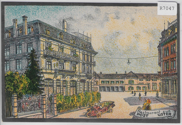 Uster - Restaurant zur Post - Litho - belebt - Oldtimer