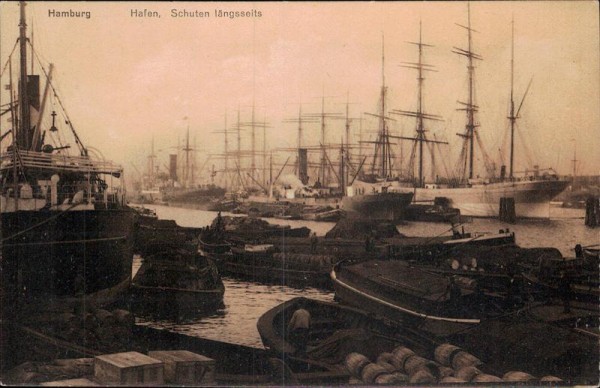 Hamburg, Hafen, Schuten längsseits Vorderseite