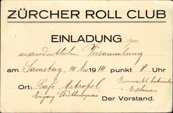 Zürcher Roll Club, Einladung zur ausserordentlichen Versammlung 1914 Vorderseite