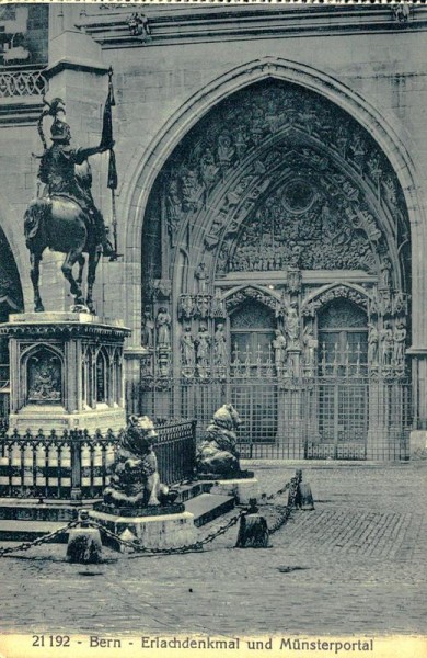 Erlach-Denkmal und Münsterportal Vorderseite