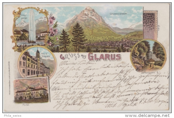 Glarus, Gruss aus - farbige Litho - Volksgarten, Post, Spital, Gesamtansicht