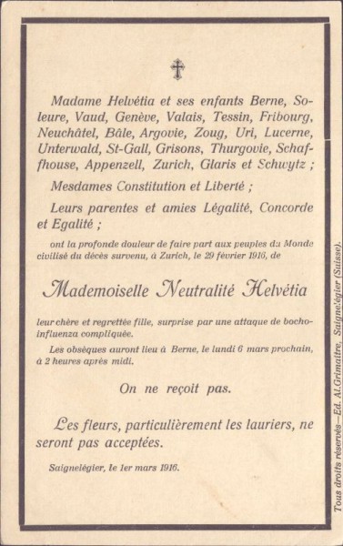 Todesanzeige Mademoiselle Neutralité Helvétia
