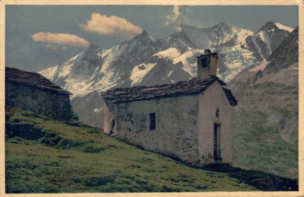 Saas-Tal. Triftalp, Täschhorn, Dom, Südlenzspitze, Nadelhorn, Kapelle Vorderseite