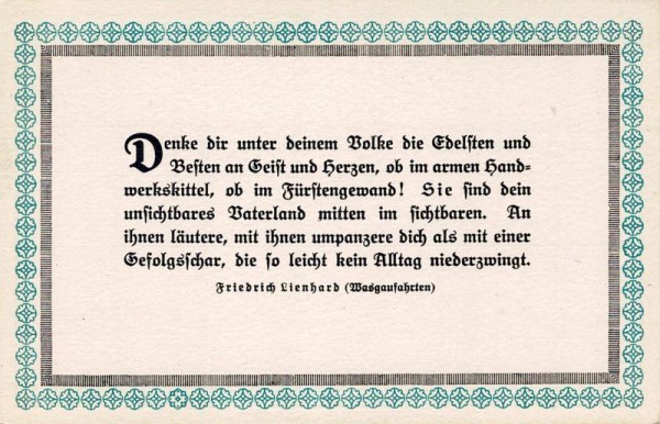 Spruchkarten von Friedrich Lienhards Werken, Wasgaufahrten; Denke dir unter deinem Bolke... Vorderseite