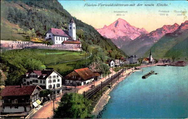 Flüelen-Vierwaldstättersee-mit der neuen Kirche. Vorderseite