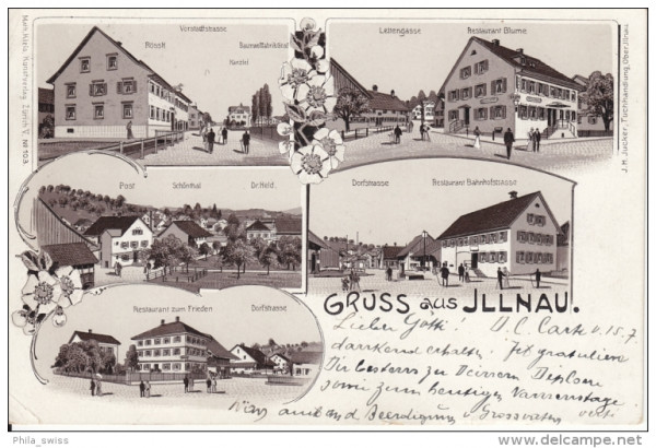 Illnau, Gruss aus - schwaz/weiss Litho - Vorstadtstr., Lettengasse, Post, Schönthal, Dorstr., Rest.