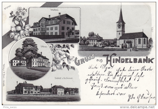 Hindelbank, Gruss aus - schwarz/weiss Litho - Schulhaus, Schloss, Bahnhof, Kirche
