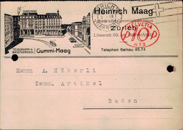 Bestellkarte, Gummi-Maag, Zürich, 1927 Vorderseite