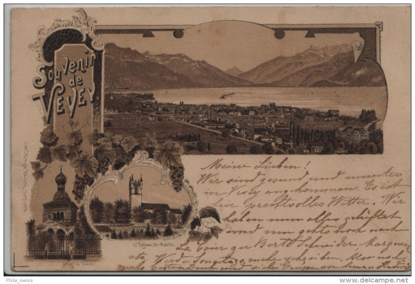 Vevey, Souvenir de - vue generale, L'Eglise St-Martin, L'Eglise Russe - Litho