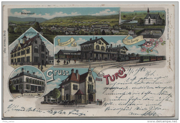 Turgi, Gruss aus - Totalansicht, Bahnhof, Schulhaus, Bazar, Rest. Diana, Kirche - farbige Litho