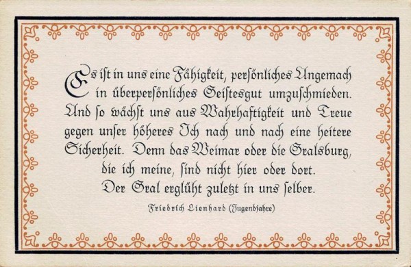 Spruchkarten von Friedrich Lienhards Werken, Jugendjahre; Es ist uns eine Fähigkeit... Vorderseite