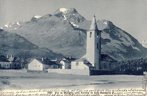 Piz la Margna und Kirche in Sils-Baseglia Vorderseite