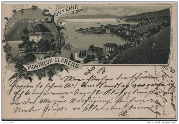Montreux-Clarens, Souvenir de - vue generale, Chateau du Chatelard - Litho