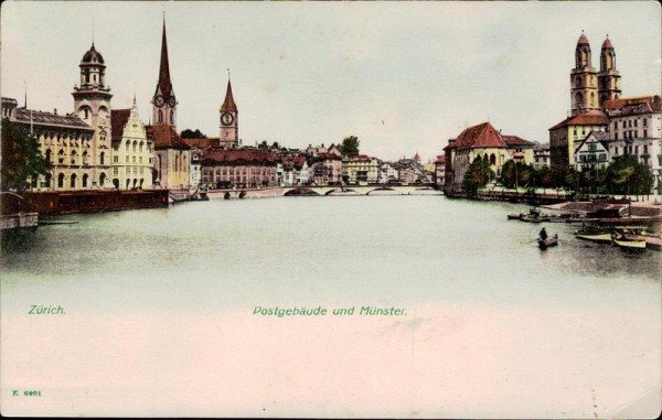 Zürich. Postgebäude und Münster Vorderseite