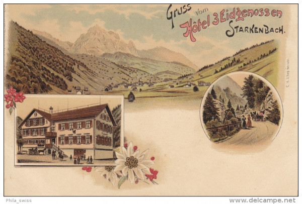 Starkenbach Hotel 3 Eidgenossen - farbige Litho - 3 Bild AK