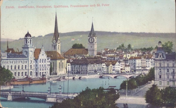 Zürich, Quaibrücke, Stathaus, Fraumünster und St. Peter