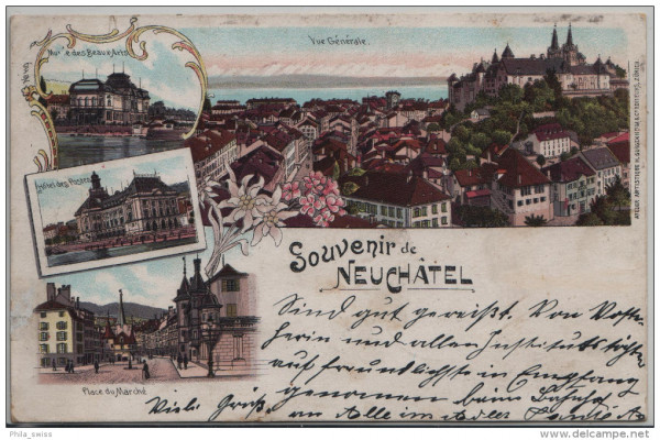 Neuchatel, Souvenir de - Vue generale, Place du Marche, Hotel des Postes, Musée des Beaux-Arts - cou
